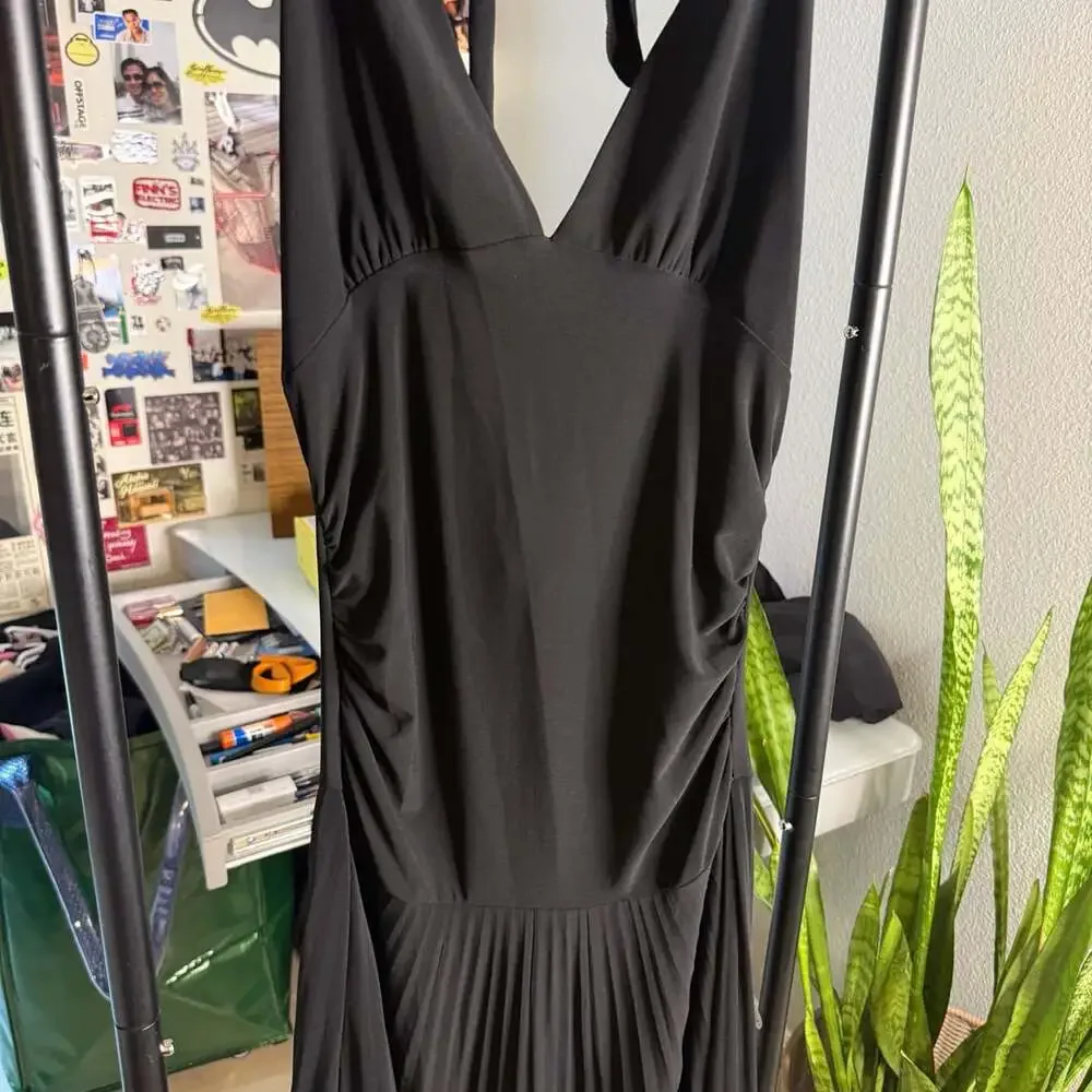 Vintage Black Halter Dress Pleated Maxi V-Neck S